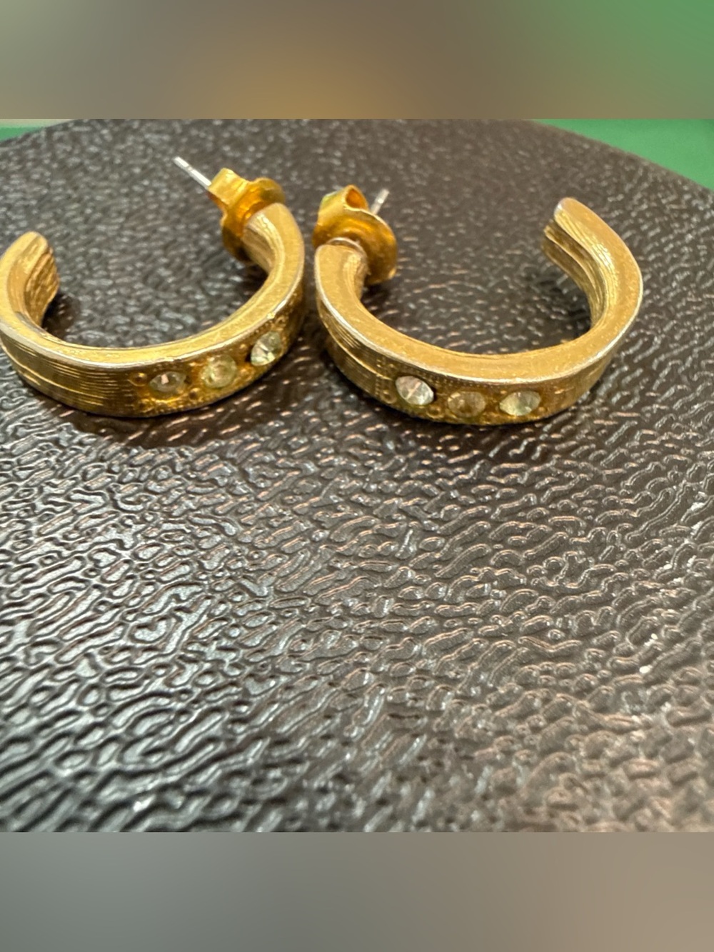 Goldtone Half Hoop Earrings Featuring Small Embedded Rhinestones 16 E